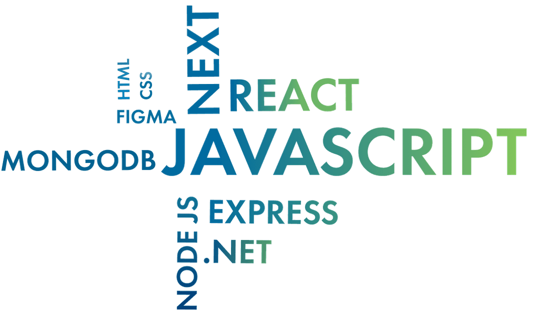Ordsky av teknologiene vi bruker; Javascript, React, Next, MongoDB, Express, .net, NodeJS, Figma, CSS, HTML