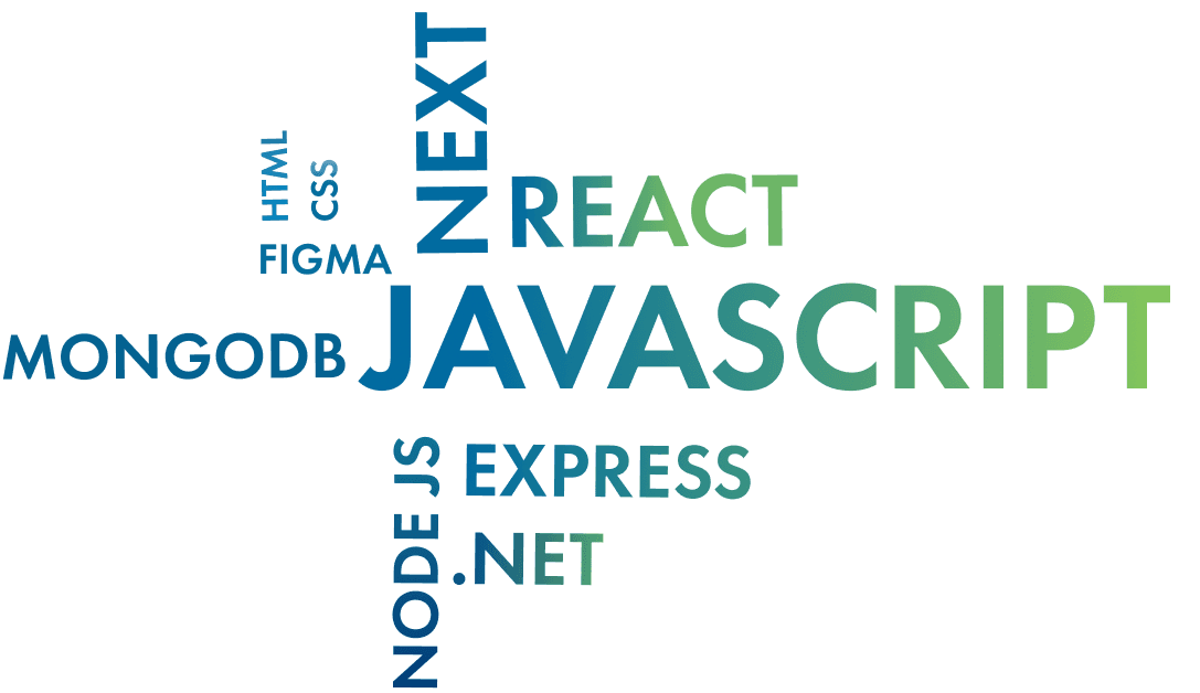Ordsky av teknologiene vi bruker; Javascript, React, Next, MongoDB, Express, .net, NodeJS, Figma, CSS, HTML